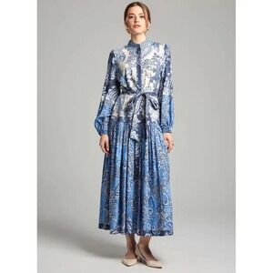 Miss June Paris Maxi Dress OS Blue Paisley Long Sleeve Button Front Boho Flowy